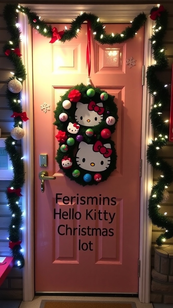 A Christmas door decorated with Hello Kitty ornaments and lights, showcasing a festive and joyful atmosphere.